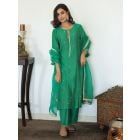 Green Hand Embroidered Chanderi Silk Suit - Set of 3
