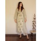 Off White Printed Cotton Kurta with Pants- Set of 2