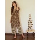 Brown Printed Cotton Kurta with Pants- Set of 2