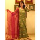 Green Embroidered Tissue Chanderi Silk Sharara Suit - Set of 3