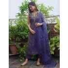 Navy Blue Hand Embroidered Tissue Chanderi Silk Suit - Set of 3
