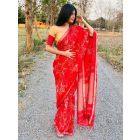 Red Hand Block Printed Linen Lurex Saree