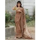 Brown Hand Block Printed Linen Saree