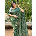 Green Hand Block Printed Cotton Linen Saree