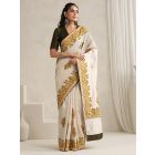 Off White Kashmiri Aari Embroidered Silk Saree with Blouse- Set of 2