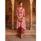 Wine Printed Chanderi Kurta with Pants- Set of 2
