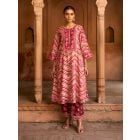Wine Printed Chanderi Kurta with Pants- Set of 2