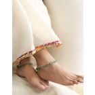 Gold Plated Mint Green Handcrafted Brass Beaded Anklets - Set of 2