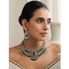 Gold Plated Green Handcrafted Brass Polki Necklace with Earrings - Set of 2