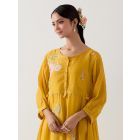 Mustard Yellow Applique Work Chanderi Dress with Slip