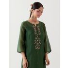 Bottle Green Embroidered Chanderi Kurta with Slip and Pants- Set of 2