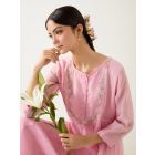 Pink Resham Embroidered Chanderi Kurta with Slip and Pants- Set of 2