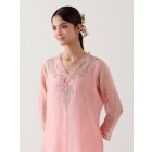 Pink Embroidered Chanderi Kurta with Slip and Pants- Set of 2