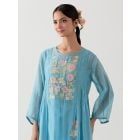 Sky Blue Embroidered Chanderi Kurta with Slip and Pants- Set of 2