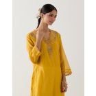 Mustard Yellow Embroidered Chanderi Kurta with Slip and Pants- Set of 2