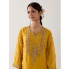 Mustard Yellow Embroidered Chanderi Kurta with Pants- Set of 2