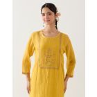 Mustard Yellow Embroidered Chanderi Kurta with Slip and Pants- Set of 2