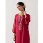 Magenta Embroidered Chanderi Kurta with Slip and Pants- Set of 2