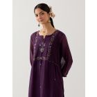 Purple Embroidered Chanderi Kurta with Slip and Pants- Set of 2