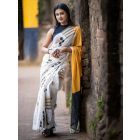 White Yellow Hand Block Printed Cotton Saree