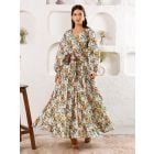 White Yellow Hand Block Printed Cotton Dress with Belt