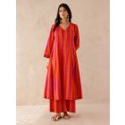 Orange Pink Striped Cotton Kurta with Palazzo- Set of 2