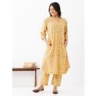 Yellow Hand Block Printed Cotton Kurta with Pants- Set of 2