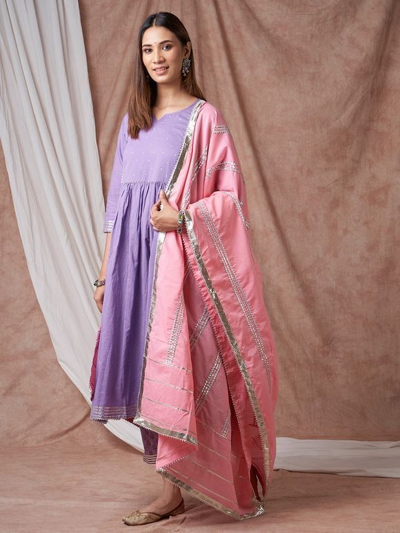 Lilac Cotton Gathered Kurta with Hand Block Printed Pants and Pink Gota Work Dupatta - Set of 3