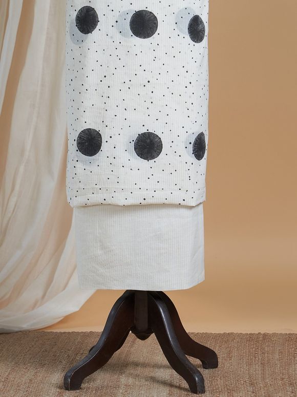 White Hand Block Printed Cotton Kurta with Pants Fabric- Set of 2