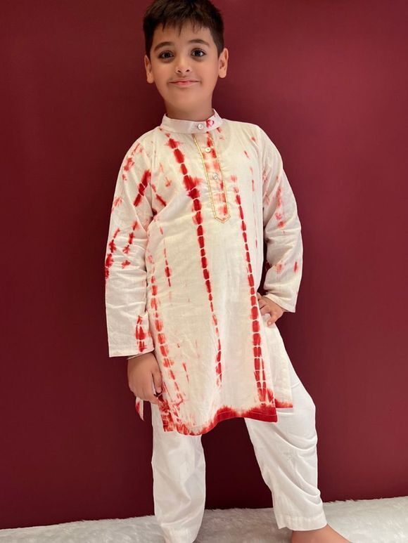 Red White Tie and Dye Cotton Kurta with Pajama - Set of 2