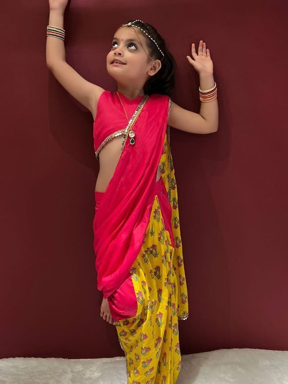 Pink Yellow Hand Block Printed Cotton Blouse with Drape Saree - Set of 2