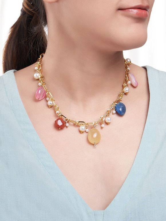 Multicolor Handcrafted Agate Stone Metal Necklace