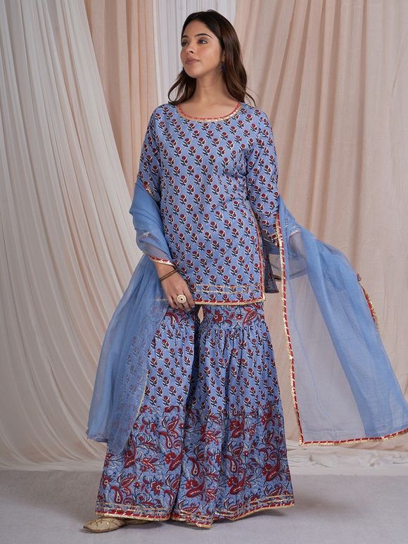Blue Hand Block Printed Cotton Sharara Suit- Set of 3