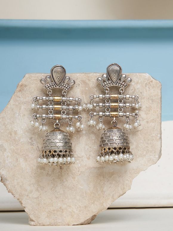 Dual Toned Handcrafted Oxidised Silver Jhumkies 