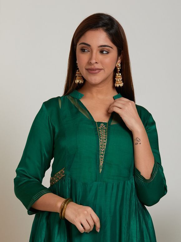 Green Aari Embroidered Chanderi Modal A-Line Kurta with Silp