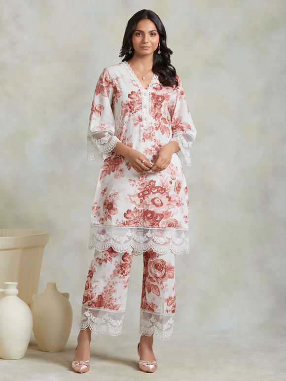 Pink White Floral Printed Cotton Kurta with Palazzo- Set of 2