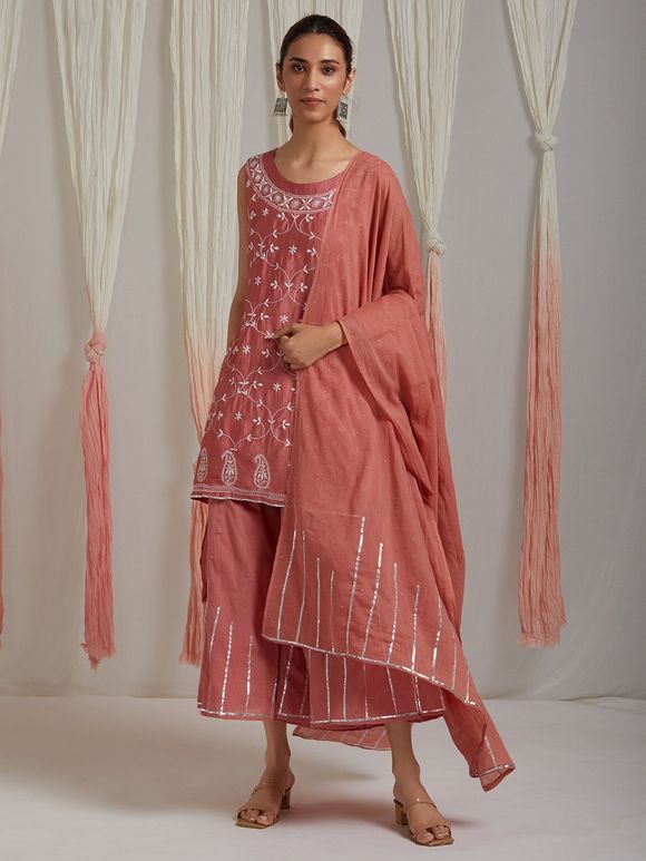 Coral Hand Embroidered Cotton Silk Sharara Suit- Set of 3