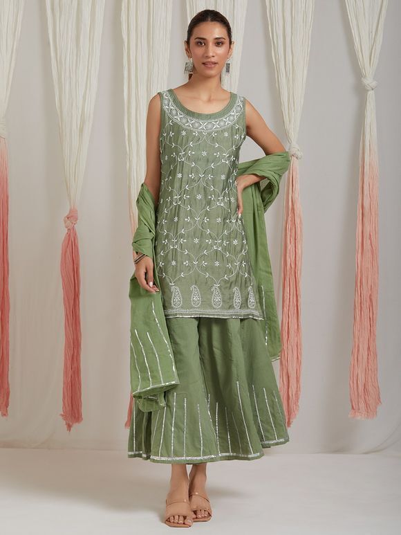 Green Hand Embroidered Cotton Silk Sharara Suit- Set of 3
