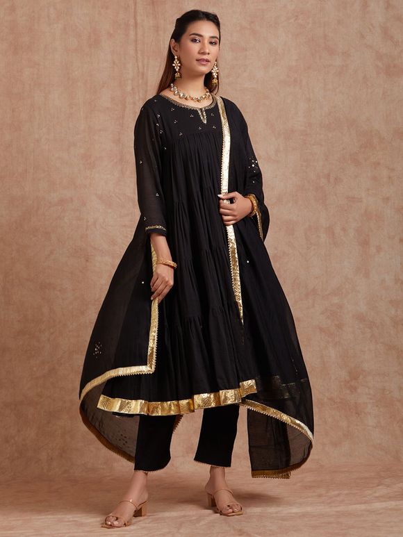 Black Zardozi Hand Embroidered Cotton Suit with Chanderi Dupatta- Set of 3