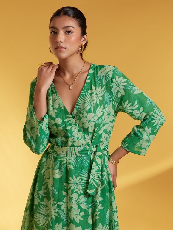 Green Printed Cotton Wrap Dress with Belt