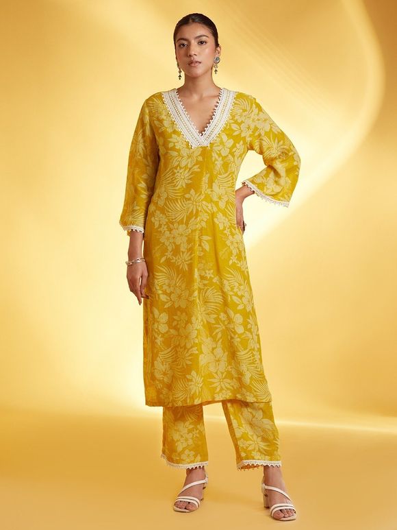 Yellow Printed Cotton Kurta with Pants- Set of 2