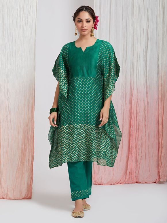 Emerald Green Hand Block Printed Chanderi Pintuck Kaftan with Slip and Cotton Pants - Set of 2
