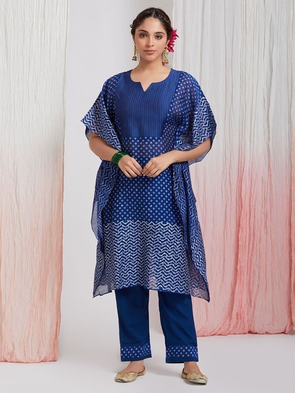 Royal Blue Hand Block Printed Chanderi Pintuck Kaftan with Slip and Cotton Pants - Set of 2