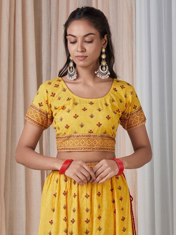 Yellow Red Hand Block Printed Cotton Blouse Piece