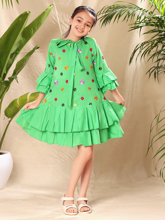 Green Embroidered Cambric Cotton Dress