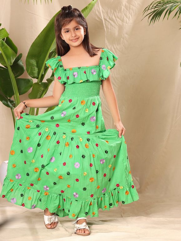 Green Embroidered Cambric Cotton Dress