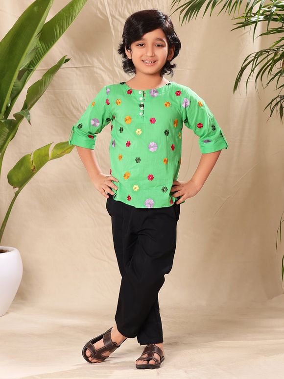 Green Embroidered Cambric Cotton Shirt with Pants- Set of 2