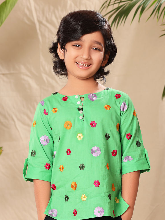 Green Embroidered Cambric Cotton Shirt