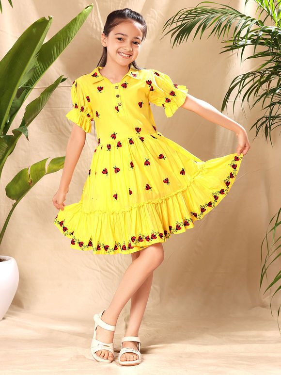 Yellow Embroidered Cambric Cotton Dress