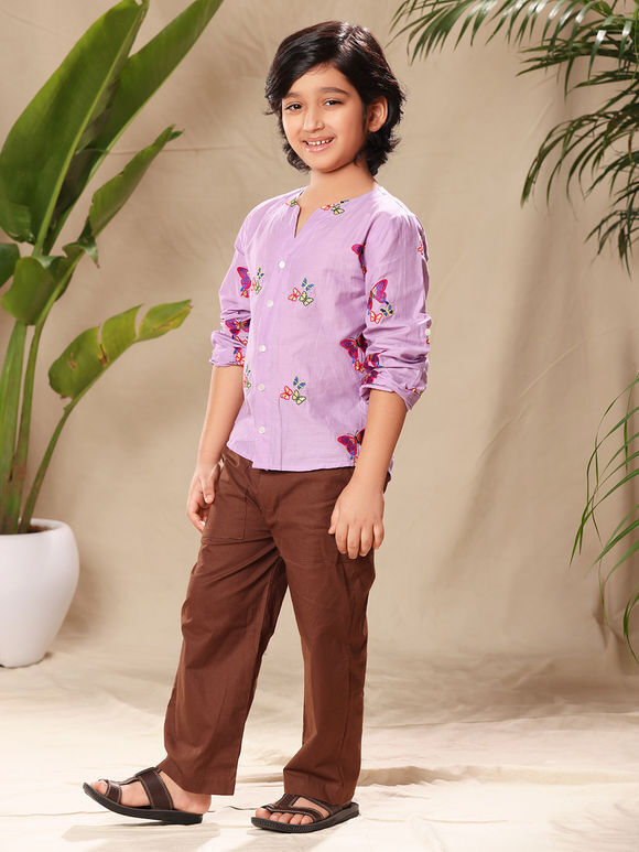 Lavender Embroidered Cambric Cotton Shirt with Pants- Set of 2